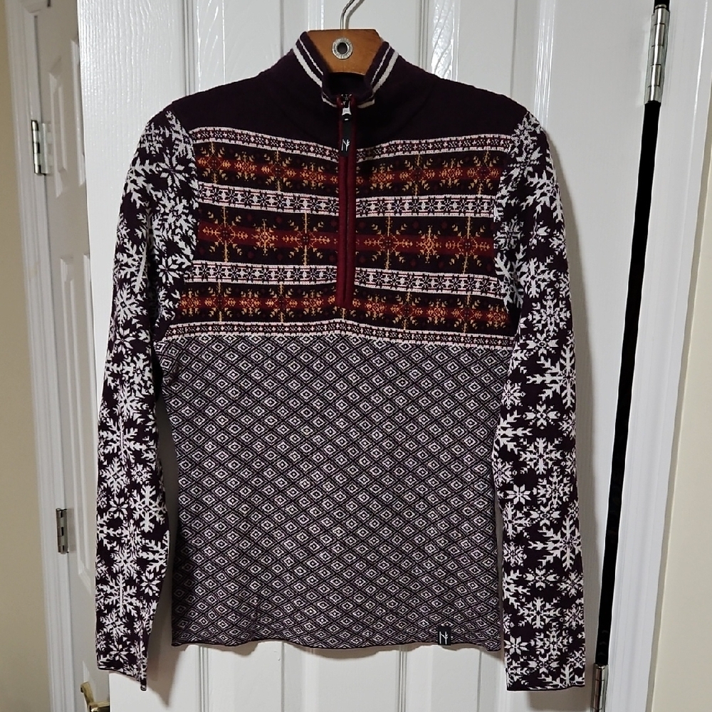 Neve Nordic Pattern Quarter Zip Sweater - Burgundy and White
